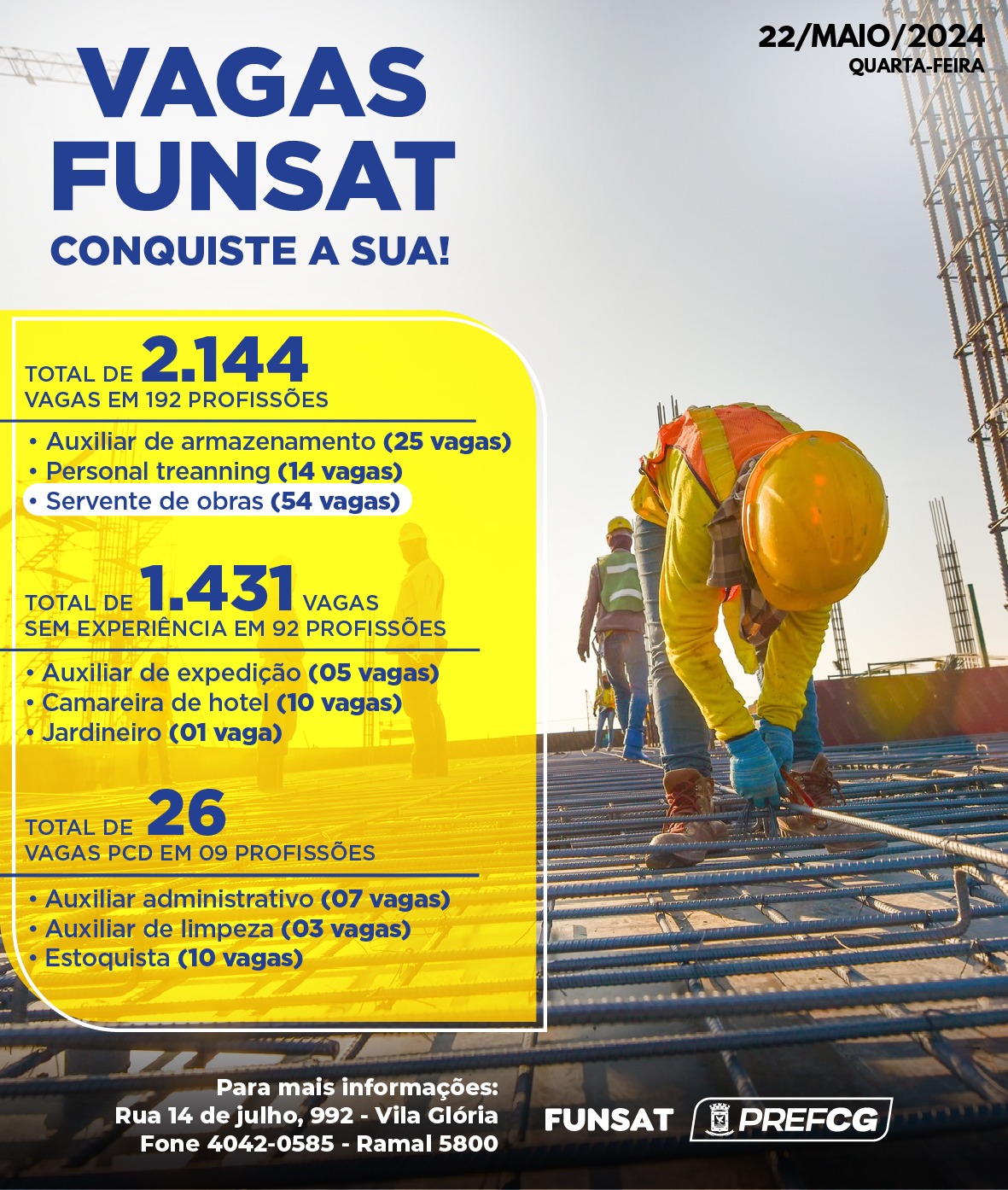 Funsat anuncia 2 1 mil vagas de emprego em 192 funções nesta quarta